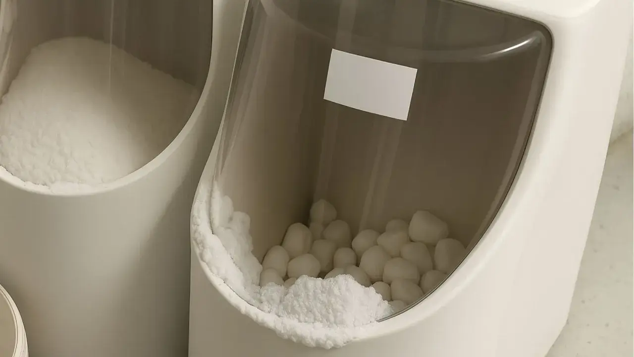 Deux bacs blancs remplis de sel pour adoucisseur d'eau, l'un en poudre, l'autre en pastilles.