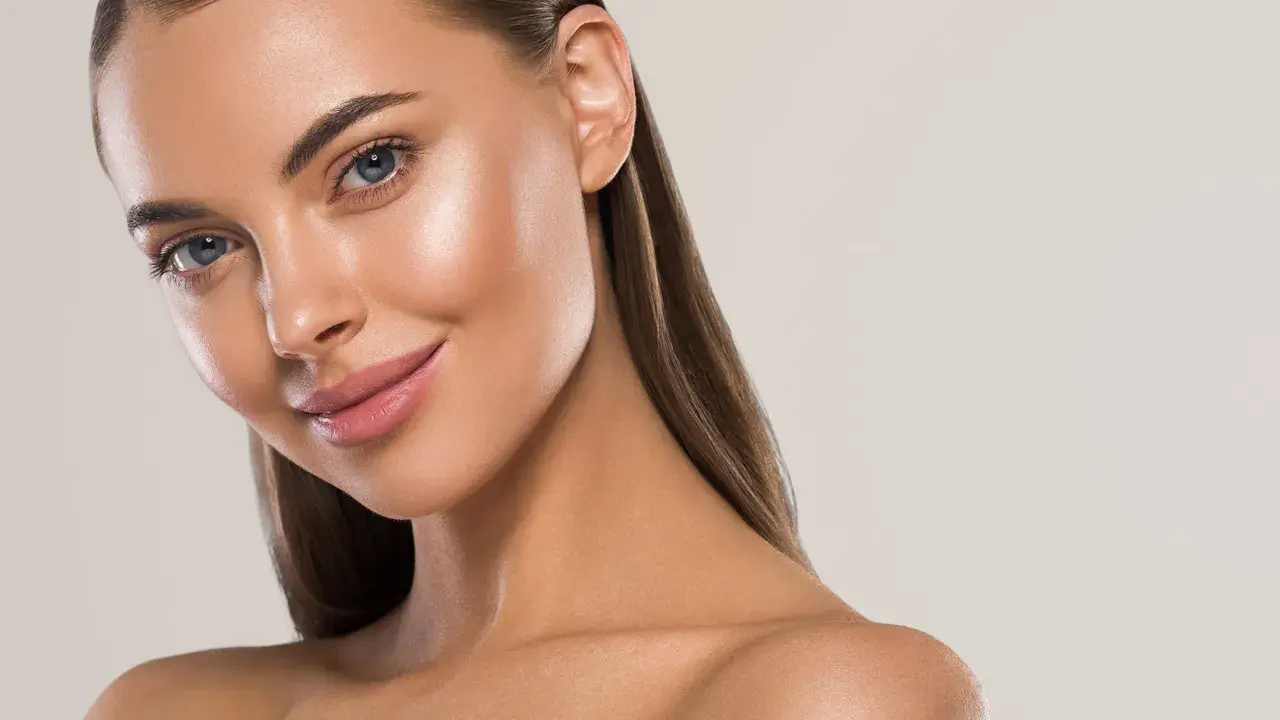Visage d'une femme au teint hâlé, avec des yeux bleus et des lèvres roses. Elle sourit légèrement, suggérant une peau parfaite pour comment bronzer rapidement.