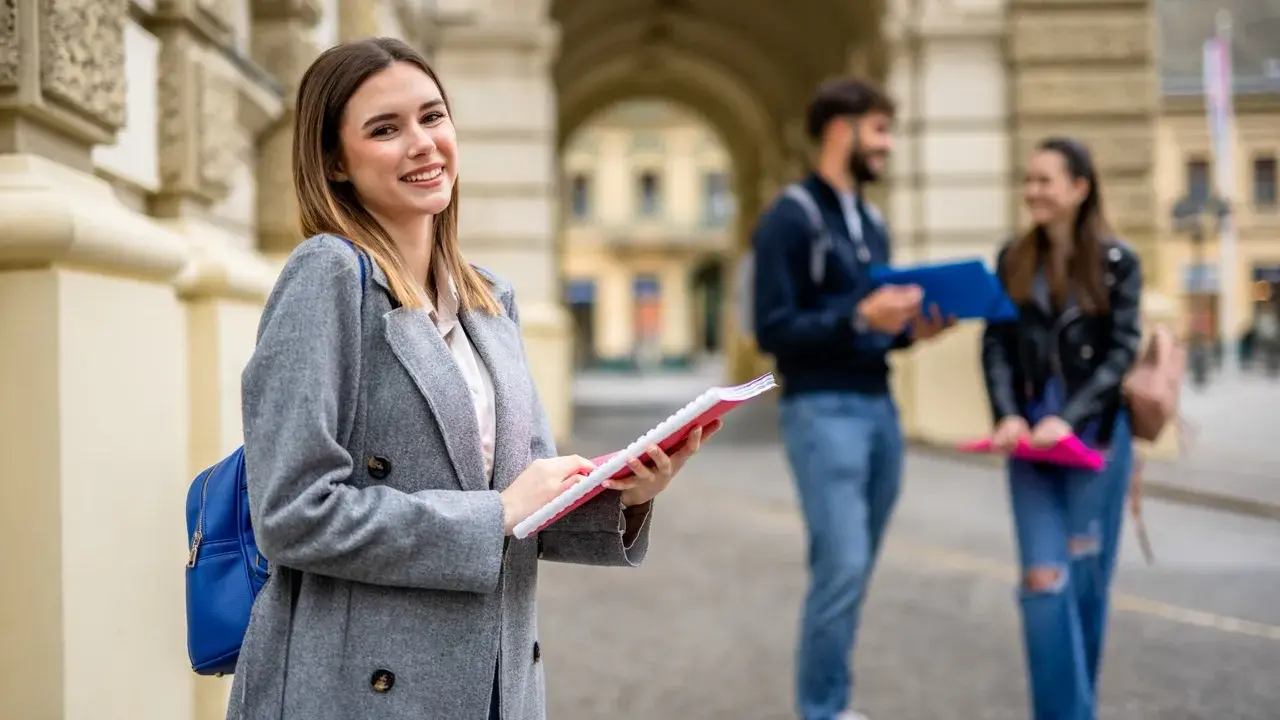 Uśmiechnięta studentka z notatnikiem w ręku, przygotowująca się do studiów 2 stopnia. W tle para studentów.