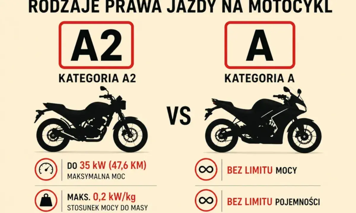 Kategorie A2 i A prawa jazdy na motor 125. A2: do 35 kW, A: bez limitu mocy i pojemności.