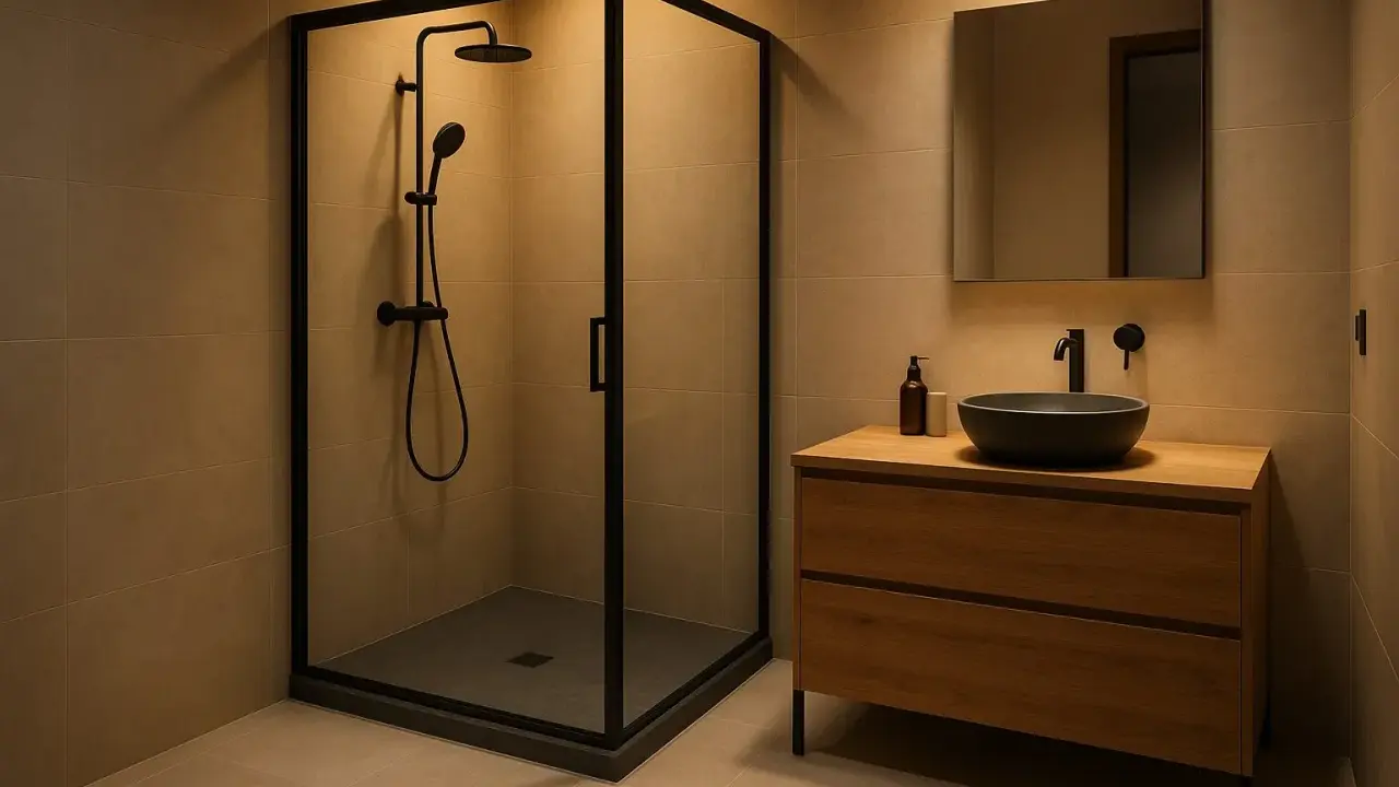 Moderno bagno con box doccia angolare e piatto doccia nero. Mobile lavabo in legno con lavabo nero e specchio.