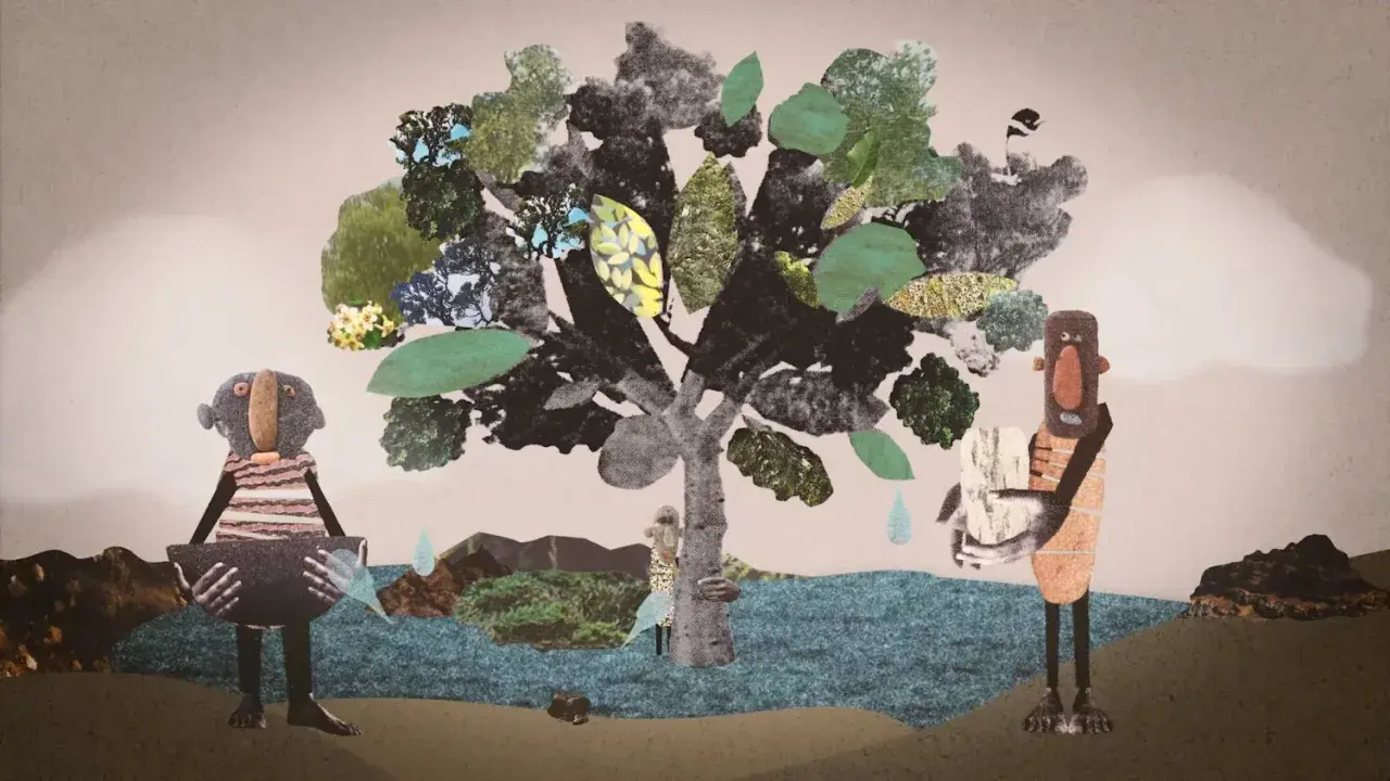Figuras humanas de collage junto a un árbol garoe, recogiendo agua de lluvia.
