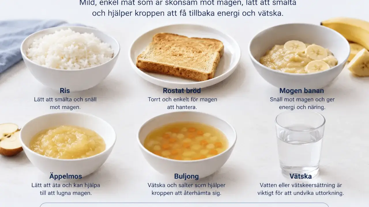 Mogen banan, ris, rostat bröd och äppelmos är bra vid magsjuka. Banan ger energi och näring.