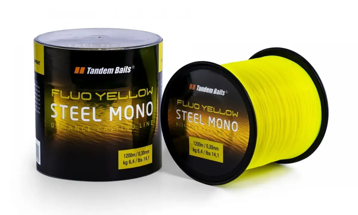 Jaka żyłka karpiowa do dalekich rzutów? Tandem Baits Steel Mono Fluo Yellow, 1200m, 0,30mm, 6,4kg. Idealna na rekordowe zasięgi.