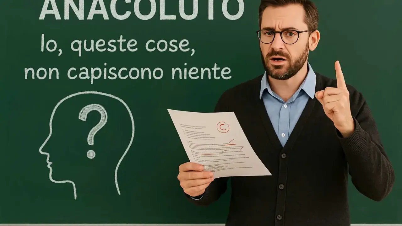 Un professore mostra un foglio con un "C" e una frase scritta alla lavagna: "ANACLUTO, io, queste cose, non capiscono niente".
