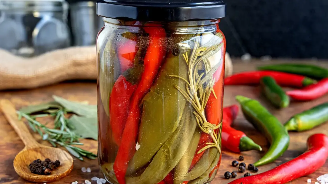 Eingelegter Peperoni im Glas, eine Methode, um sie haltbar zu machen. Mit Rosmarin und Gewürzen.