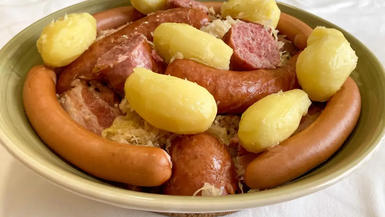 Un plat généreux de choucroute garnie, avec saucisses, lard et pommes de terre, un classique de Metz.