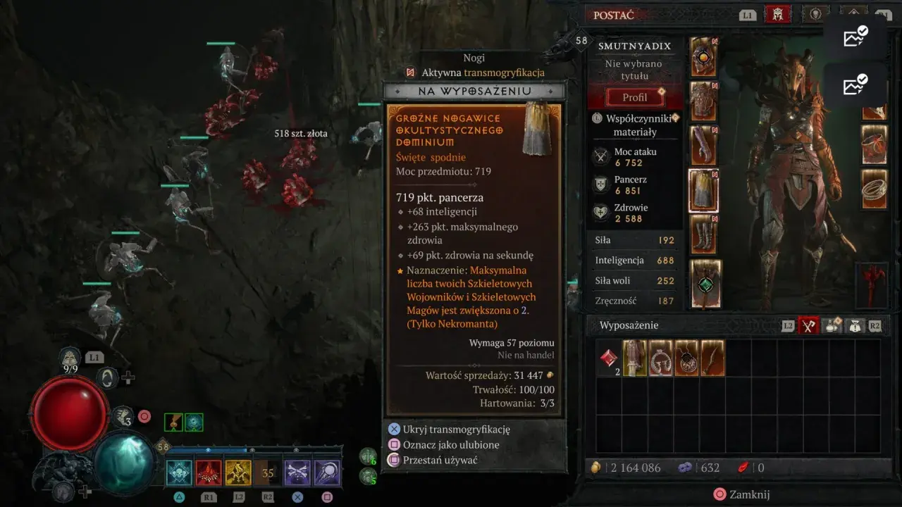 Diablo 4: Nekromanta build PL. Postać w zbroi, z szkieletami u boku. Ekran ekwipunku pokazuje spodnie z bonusem do przywołań.