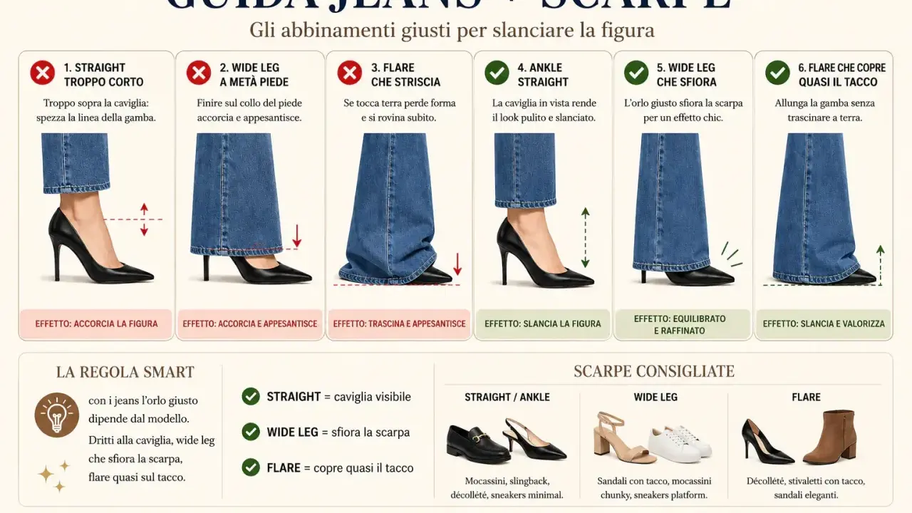 Guida jeans e scarpe: la caviglia in vista con i jeans ankle straight crea un look pulito e slanciato.