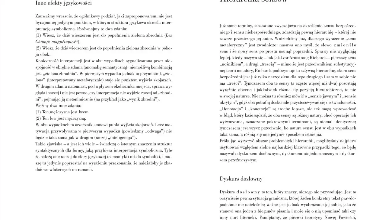 Hierarchia sensów, gdzie dedis diabeł tekst, opisuje sensy jawne i ukryte, denotację i konotację.