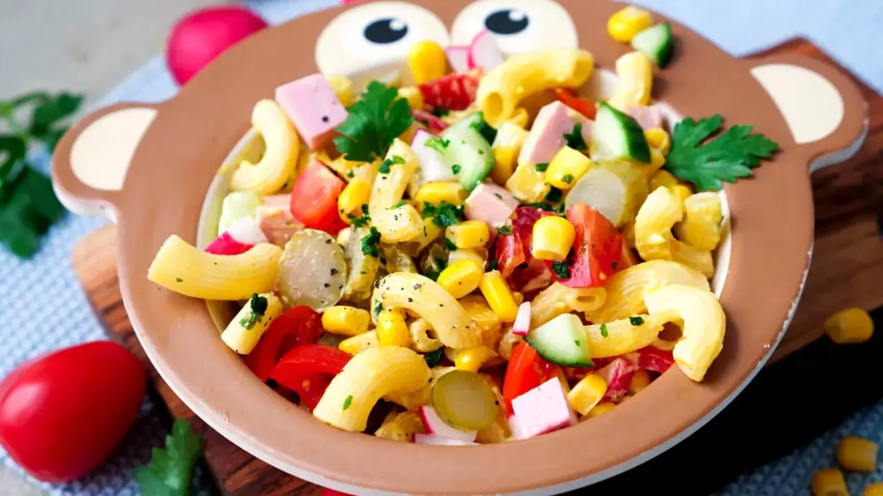 Bunter Nudelsalat mit Mais, Tomaten, Gurken und Schinkenwürfeln in einer Affen-Schüssel – perfekt für Kinder!