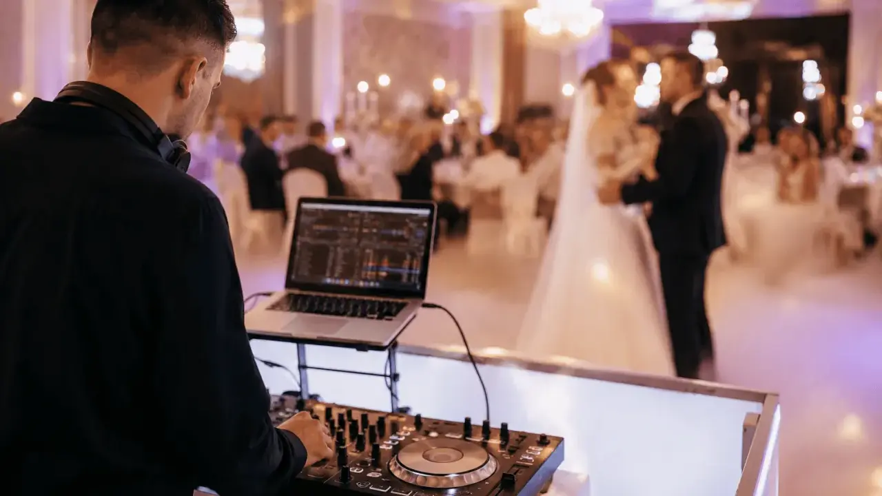 DJ przy konsoli na weselu. Młoda para tańczy na parkiecie. Zastanawiasz się, wesele ile za osobę?