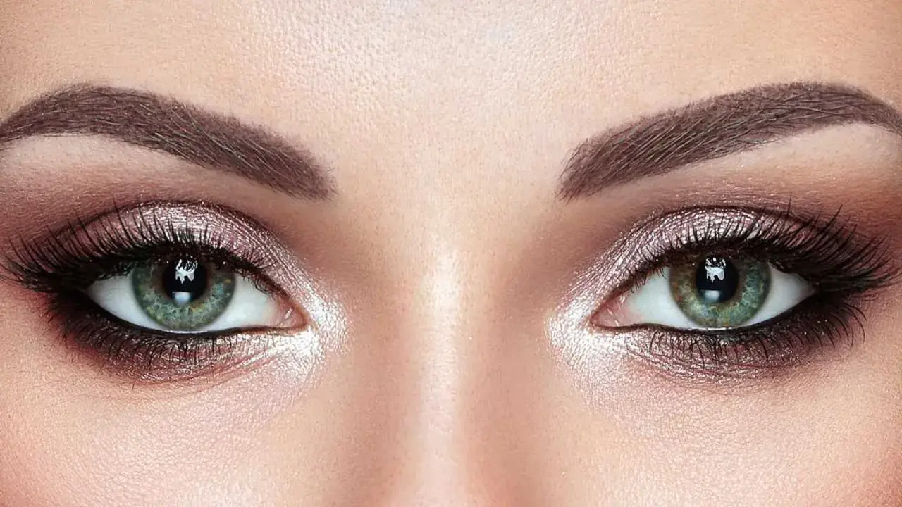 Ojos verdes deslumbrantes con un maquillaje ahumado y brillante, realzando su belleza natural.