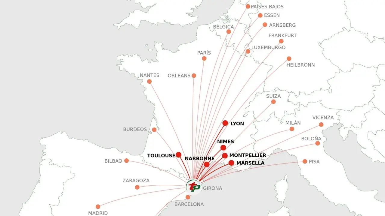 Mapa de rutas aéreas que conectan ciudades de España, Francia y otros países europeos, mostrando las fronteras de Francia.