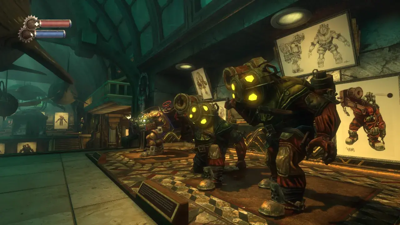 Trzy Big Daddy z Bioshock The Collection w podwodnym mieście Rapture. Na ścianach wiszą szkice postaci.