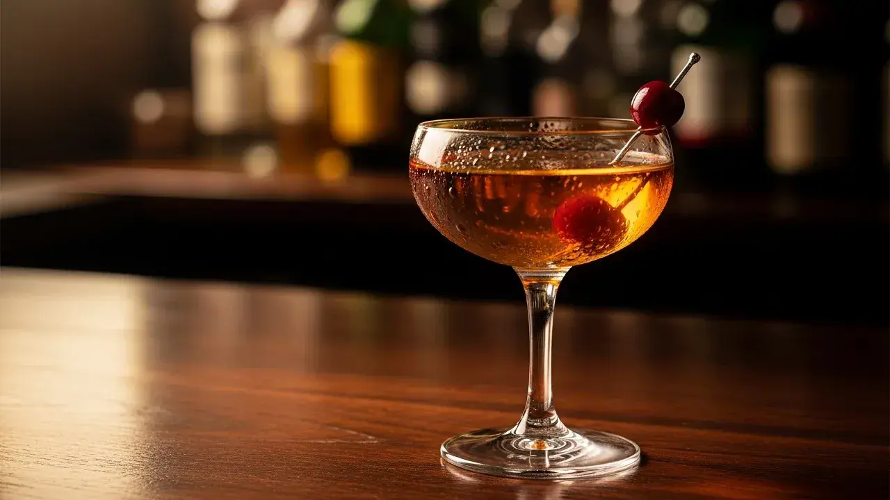 En klassisk manhattan drink med körsbär, serverad i ett elegant glas på en träbar.