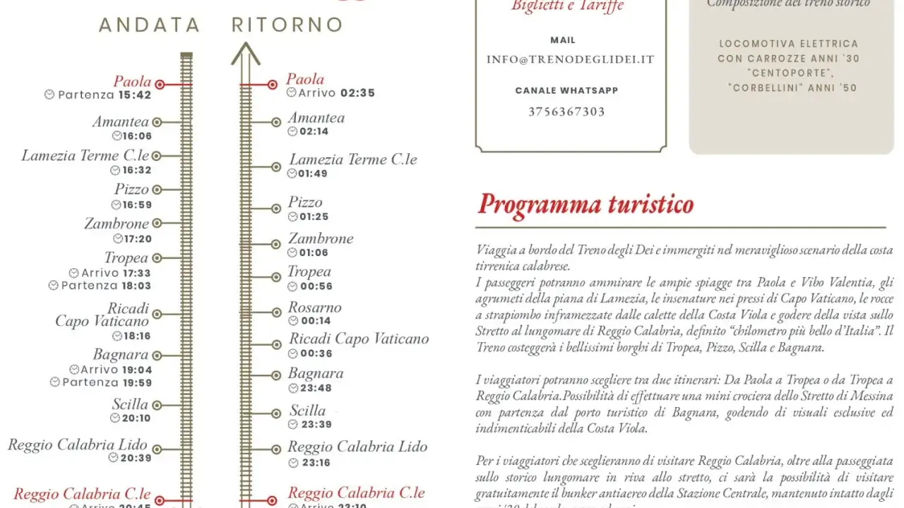 Itinerario del treno storico da Paola a Reggio Calabria, con tappe a Tropea, Scilla e altri borghi.