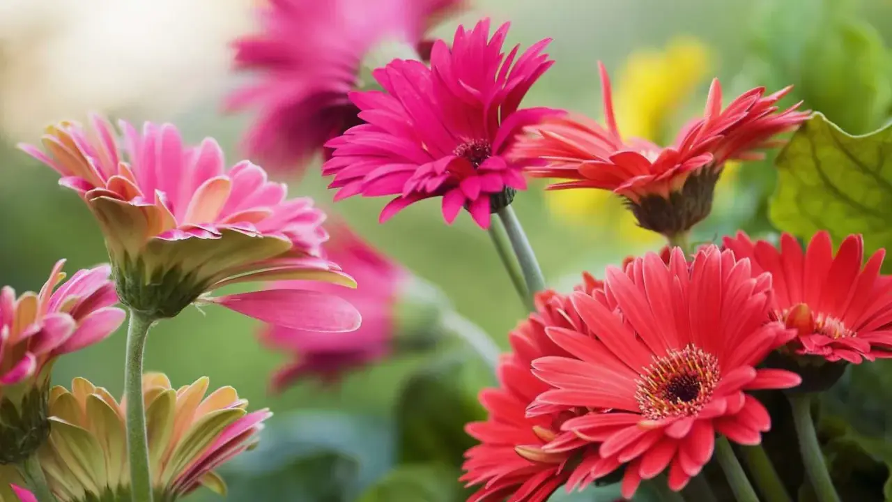 Vibrant gerbera daisies in pink and red bloom, showcasing their delicate petals. Proper gerbera daisy care ensures such stunning displays.