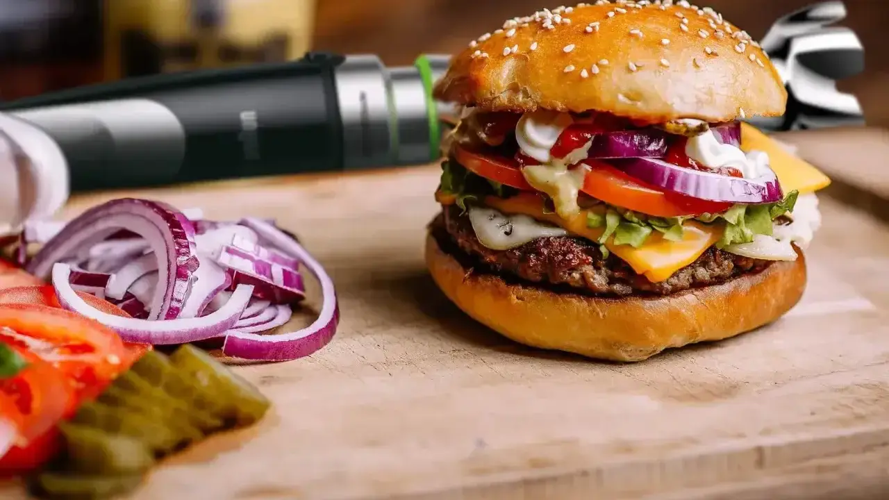 Pyszny burger z serem, warzywami i domowym sosem do burgera. Obok pokrojona cebula i pomidor.