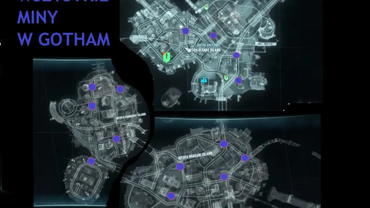 Mapa z zaznaczonymi minami w Gotham. Poradnik Batman Arkham Asylum pomoże Ci je odnaleźć.