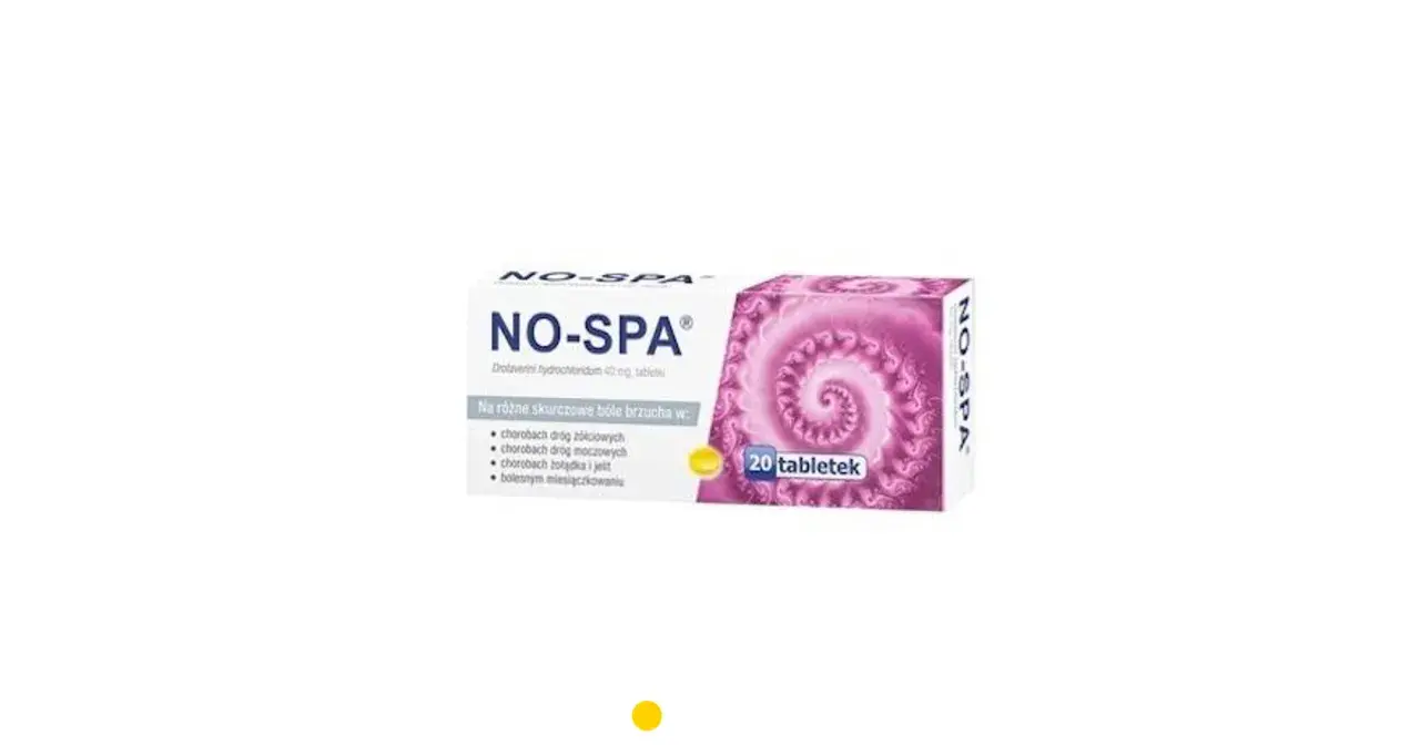 Opakowanie leku NO-SPA, 20 tabletek, na bóle brzucha. Nawet kotek mógłby poczuć ulgę.