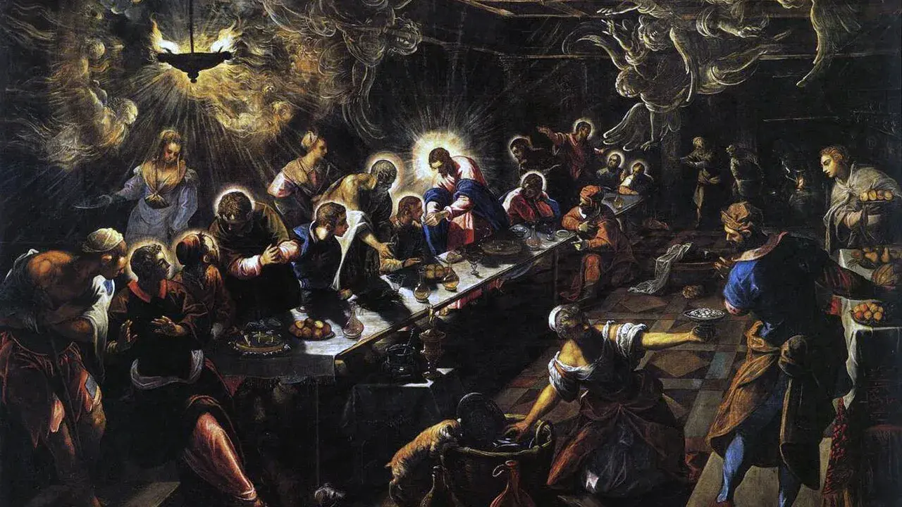 Le festin chez Simon le Pharisien, une œuvre de Jacopo di Robusti, dit Le Tintoret. Jésus est au centre, entouré d'anges et de convives.
