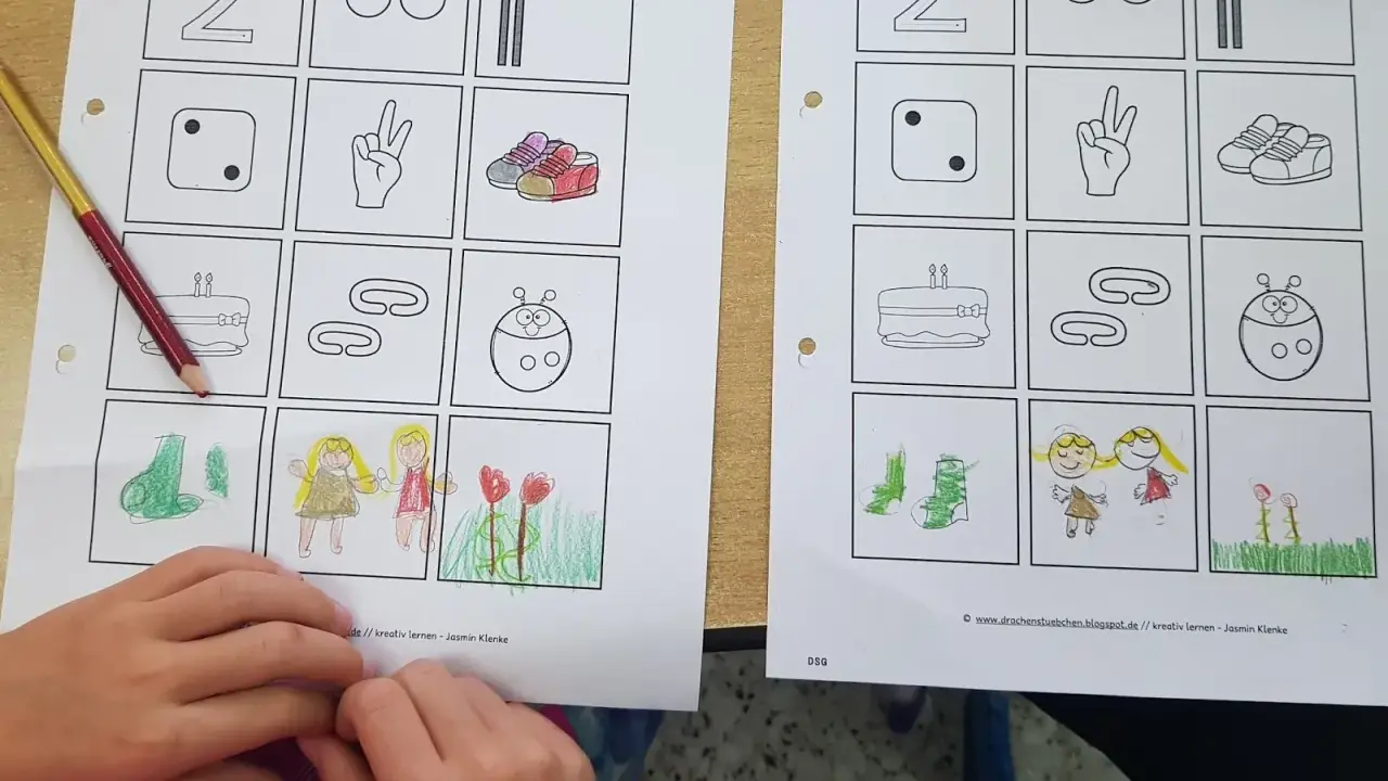 Arbeitsblatt mit binnendifferenzierung beispielen: Zahlen, Würfel, Schuhe, Kuchen, Marienkäfer, Blumen und Kinder. Ein Kind malt.