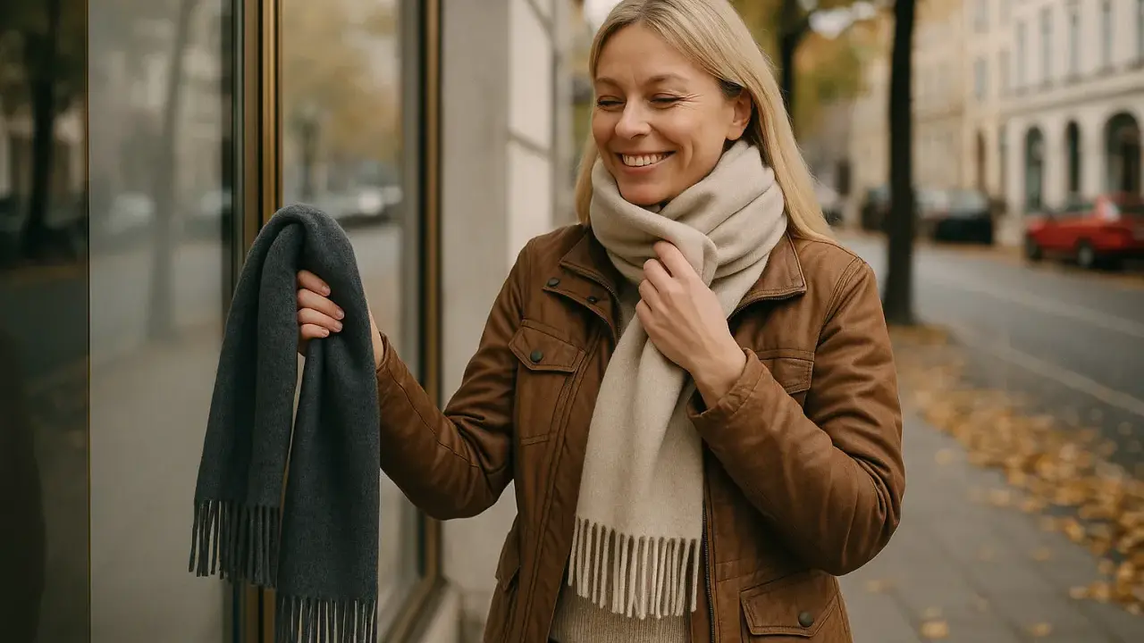 Uśmiechnięta blondynka w brązowej kurtce zastanawia się, jaki szal do brązowego płaszcza będzie najlepszy. Trzyma w dłoni szary szalik, a na szyi ma beżowy.