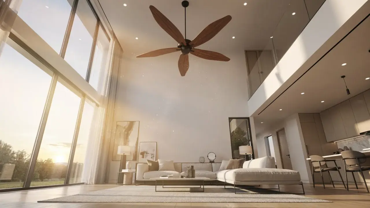 Grand salon moderne avec de grandes baies vitrées, un canapé confortable et un ventilateur de plafond en bois. Idéal pour savoir comment choisir un ventilateur de plafond adapté.