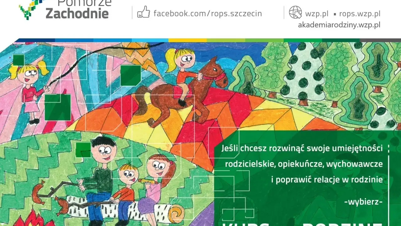 Kolorowy rysunek przedstawia szczęśliwą rodzinę patchworkową przy ognisku i dziewczynkę na koniu. Kurs na rodzinę!