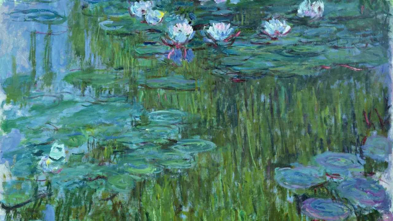 Vattenliljor i en damm, målade med Monet. Impressionistiskt verk med fokus på ljus och färg.