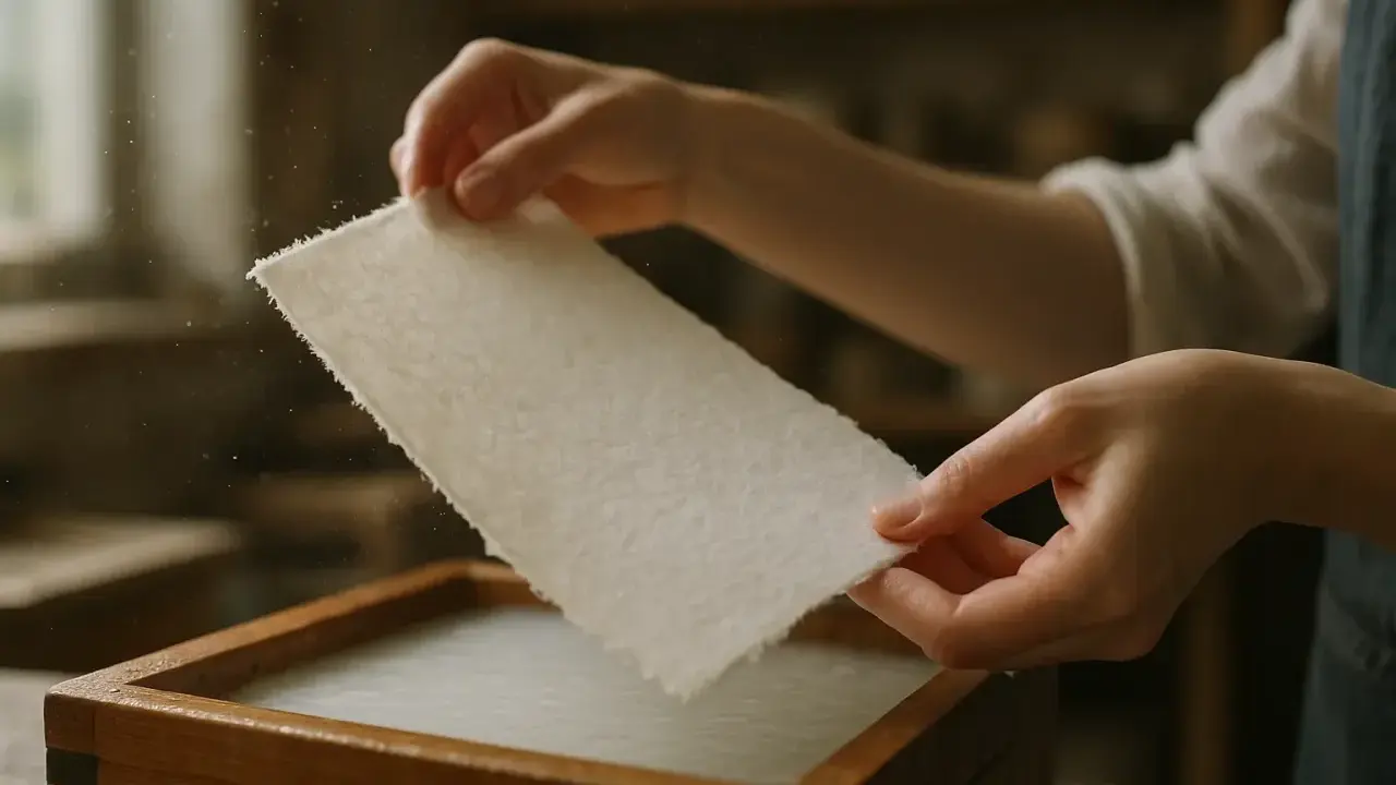 Ręce wyjmują świeżo zrobiony papier z drewnianej formy. Proces tworzenia papieru krok po kroku.