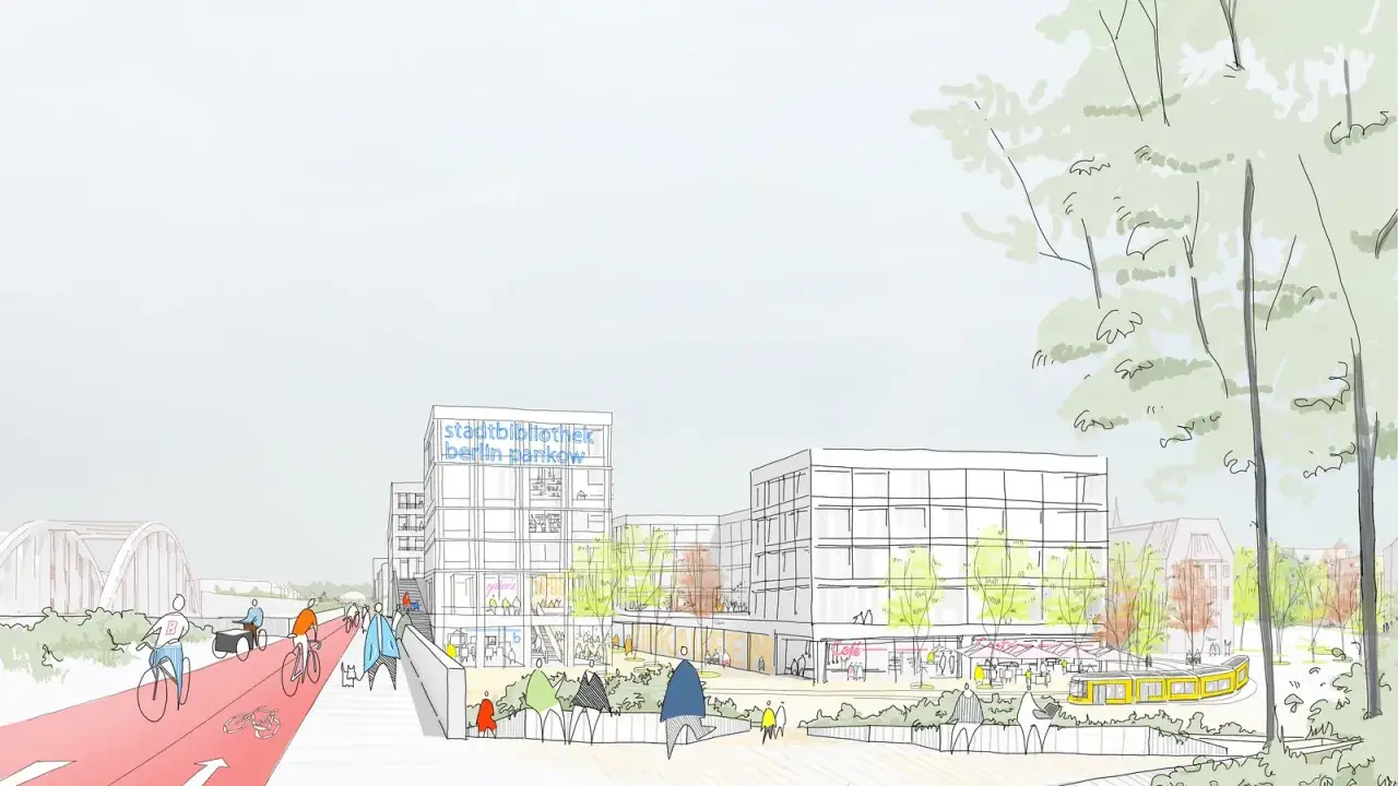 Skizze einer lebendigen Stadtentwicklung: Radwege, moderne Gebäude, die Stadtbibliothek Berlin Pankow und grüne Flächen symbolisieren eine gelungene urbane Transformation.