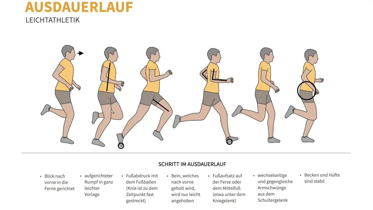 Illustrationen zeigen Schritte des Ausdauerlaufs: aufrechte Haltung, Fußaufsatz auf dem Fußballen, Armschwung. Man kann fast auf der Stelle laufen.