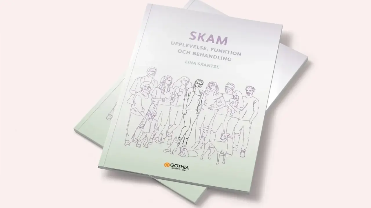 Boken "Skam: Upplevelse, funktion och behandling" av Lina Skantze visar en illustration av en grupp människor och djur, som en visuell guide för att hantera skam.