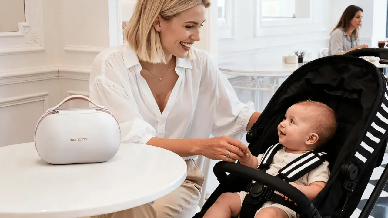 Uśmiechnięta mama z niemowlakiem w wózku, przygotowująca się do sylwestra. Obok biała torba Momcozy.