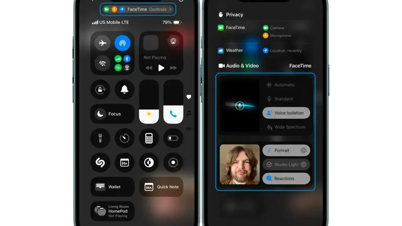 Jak aktywować FaceTime? Widok centrum sterowania i ustawień audio/wideo na iPhonie, pokazujący opcje izolacji głosu.