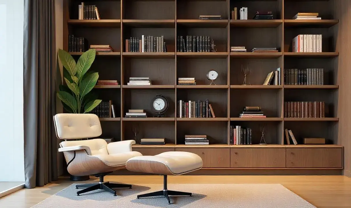 Un fauteuil confortable et un pouf invitent à la lecture dans ce salon où l'on a choisi d'aménager une bibliothèque murale.