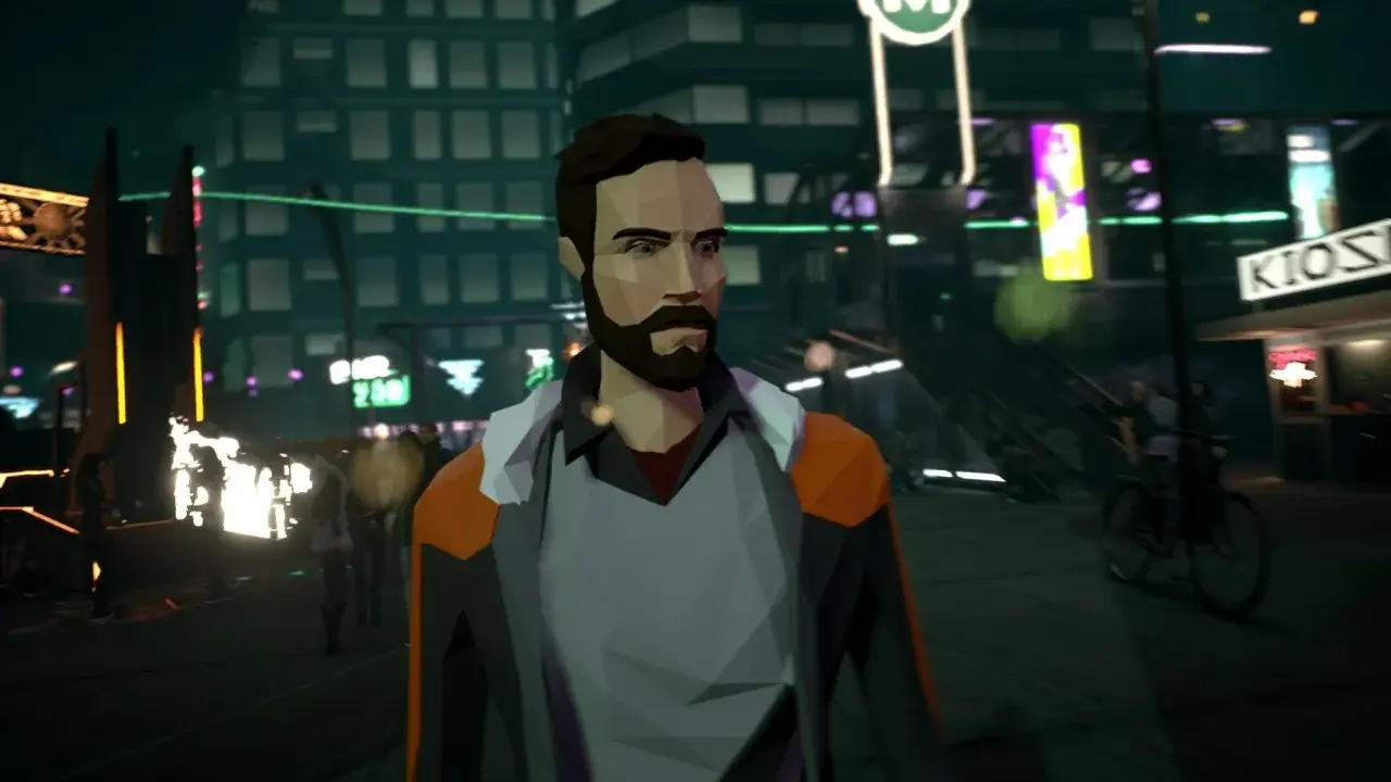 Mężczyzna w futurystycznym mieście, przypominającym gry podobne do Detroit: Become Human. Neonowe światła, tłum i nowoczesna architektura.
