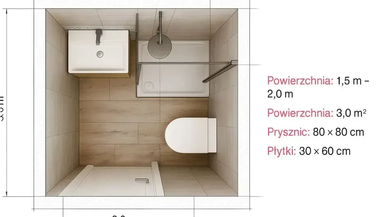 Mała łazienka rzut: umywalka, WC, prysznic 80x80 cm, drzwi. Wymiary 2x3,5m.