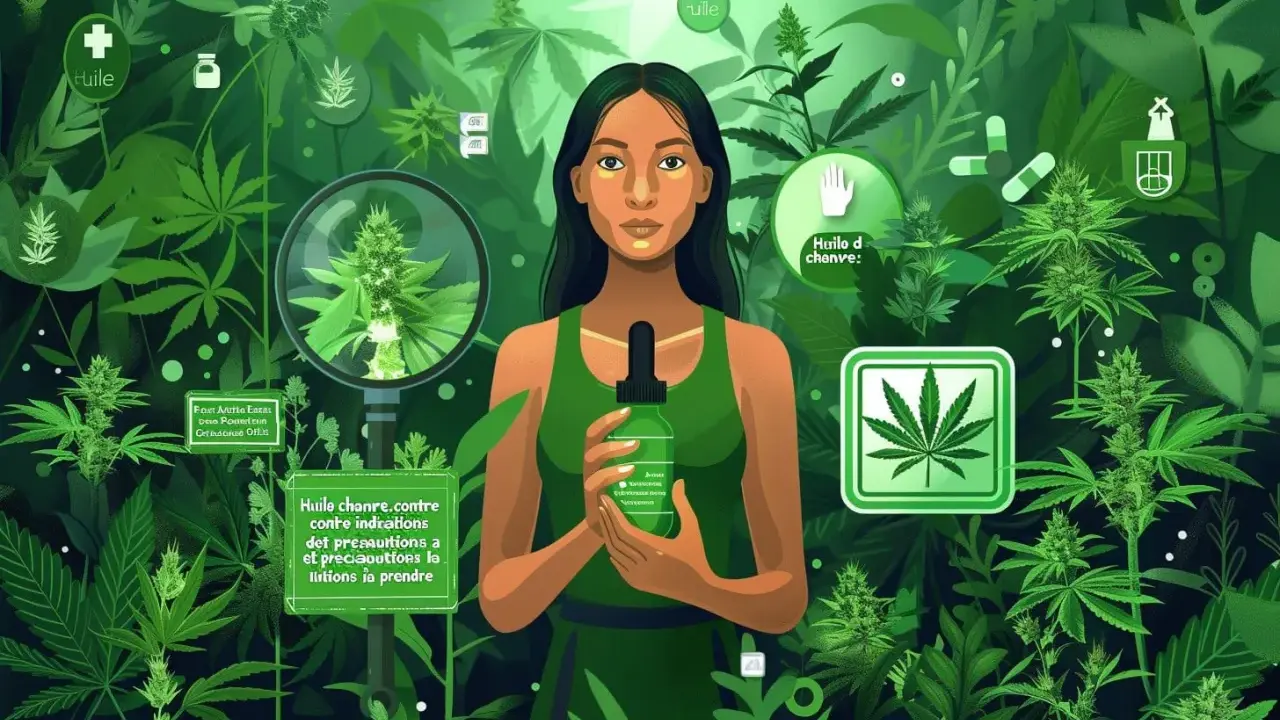 Une femme tient une bouteille d'huile de chanvre au milieu de plantes de cannabis. L'image illustre les bienfaits de l'huile de chanvre.