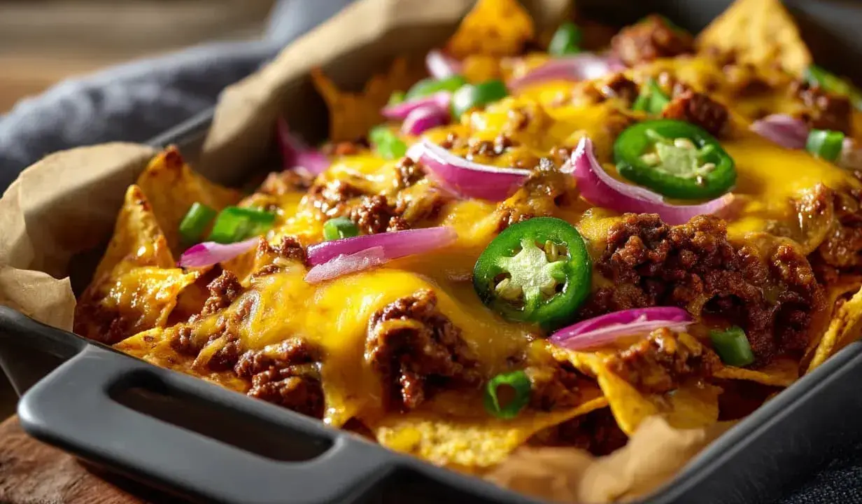 Härliga nachos i ugn med köttfärs, smält ost, jalapeños och rödlök. Perfekt för en mysig kväll!