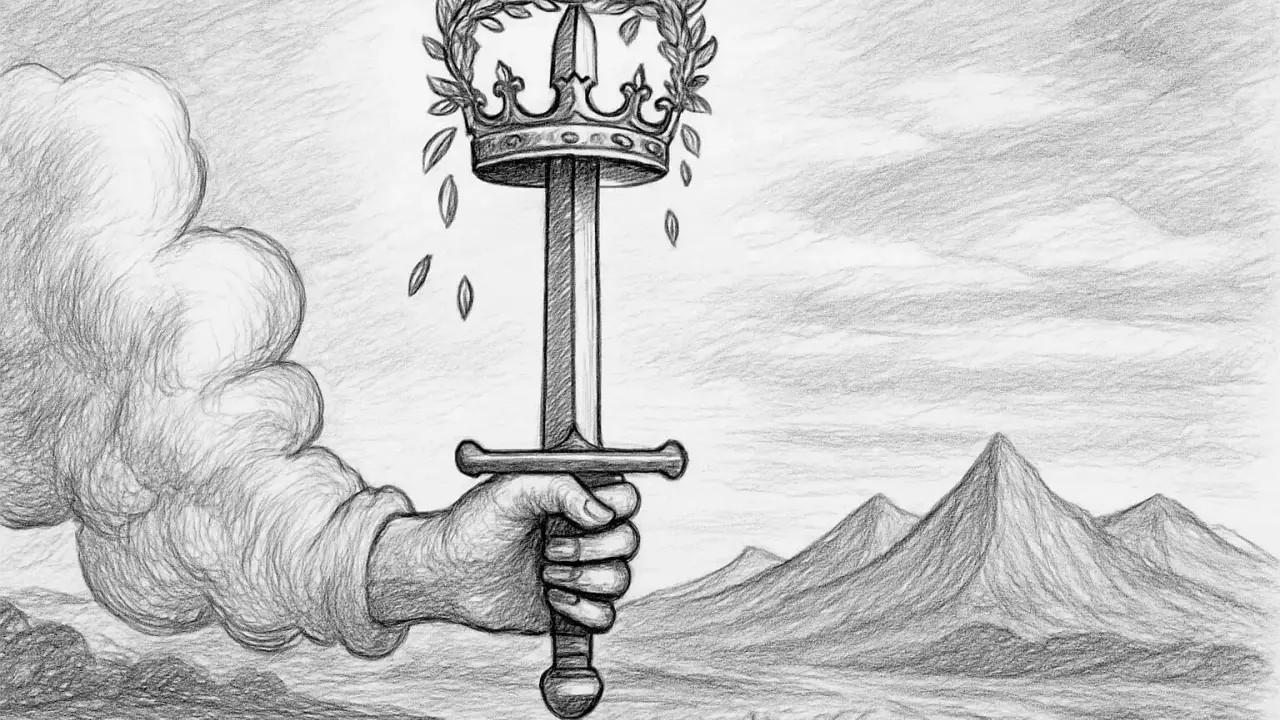 En hand håller ett svärd krönt med lagerkrans, symbol för andlig upplysning. Moln och berg i bakgrunden.