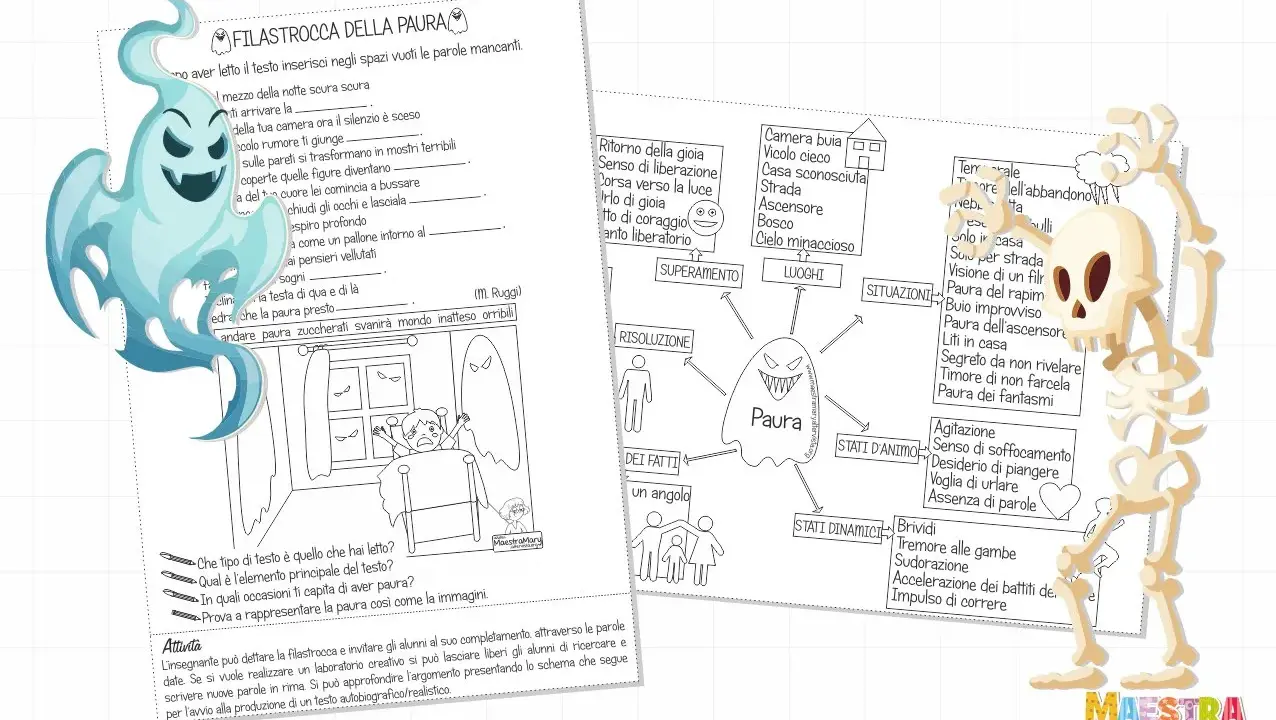 Attività sulla paura scuola primaria: filastrocca, schema su cosa genera paura e disegni di bambini spaventati e scheletri.