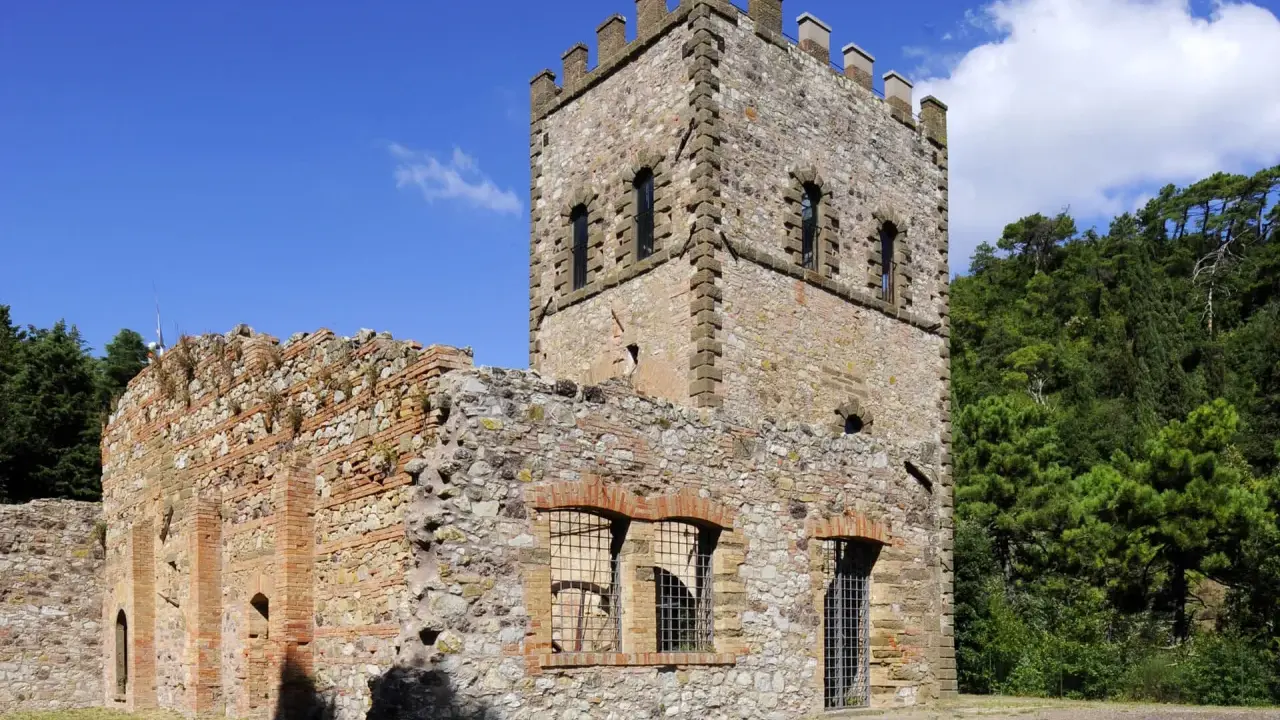 Rovine di un castello con torre merlata, un esempio di cosa vedere a Montecatini Val di Cecina, immerso nel verde.