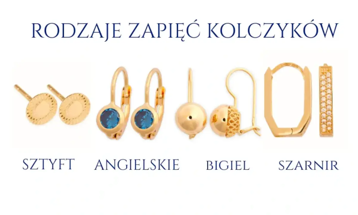 Różne rodzaje zapięć kolczyków: sztyft, angielskie, bigiel, szarnir. Złote kolczyki z kamieniami i cyrkoniami.
