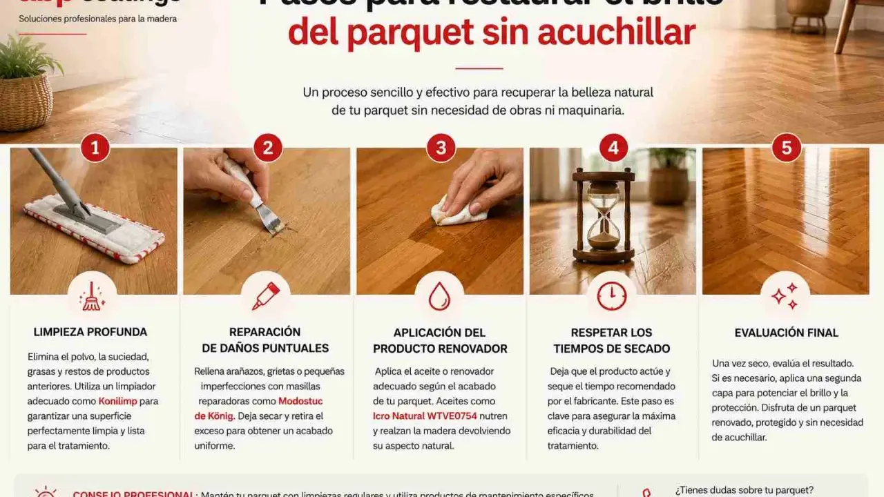 Pasos para restaurar el brillo del parquet sin acuchillar: limpieza, reparación, aplicación de renovador, secado y evaluación final.