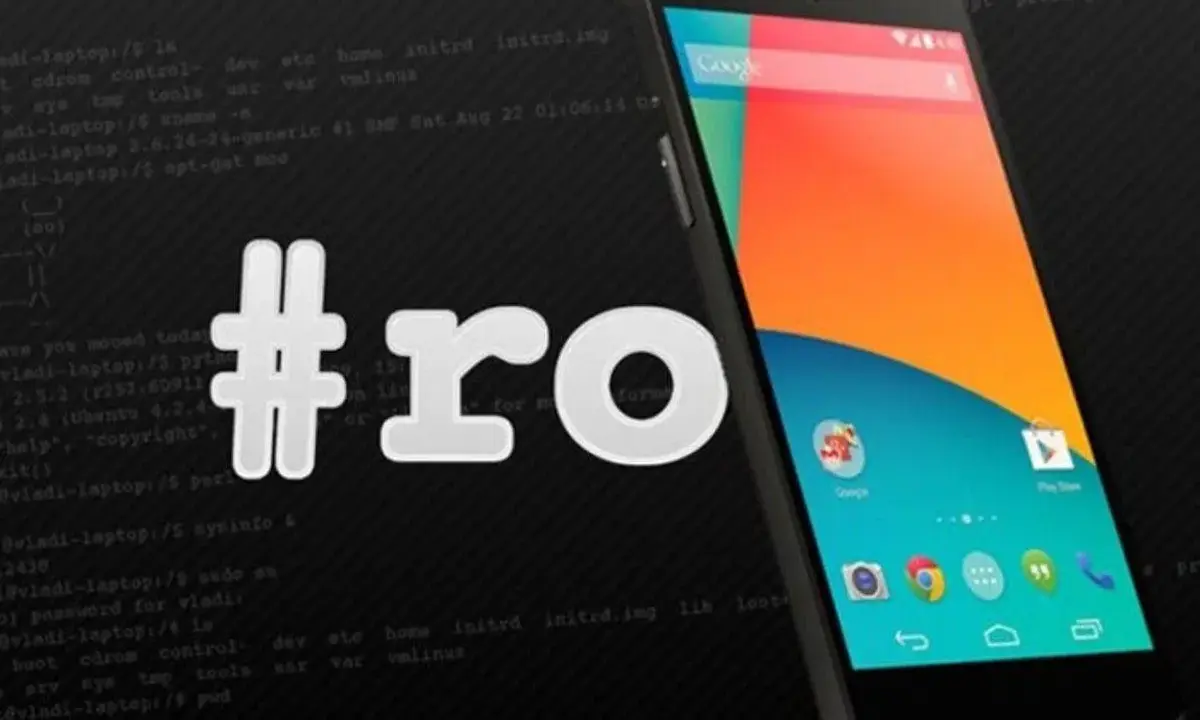 Smartfon z Androidem i hasztagiem #ro, sugerującym jak zrootować telefon. W tle widać fragmenty kodu.