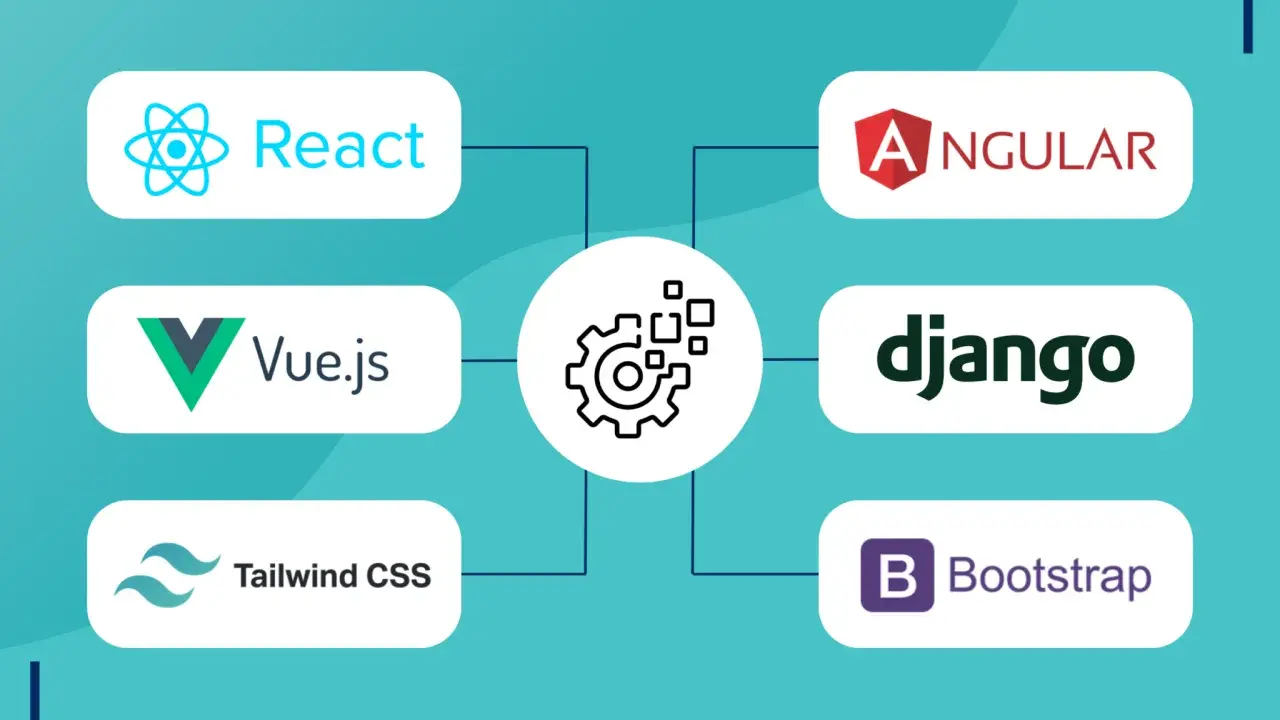 React, Vue.js, Angular, Django, Tailwind CSS, Bootstrap – popular frameworki javascript i narzędzia do tworzenia aplikacji.