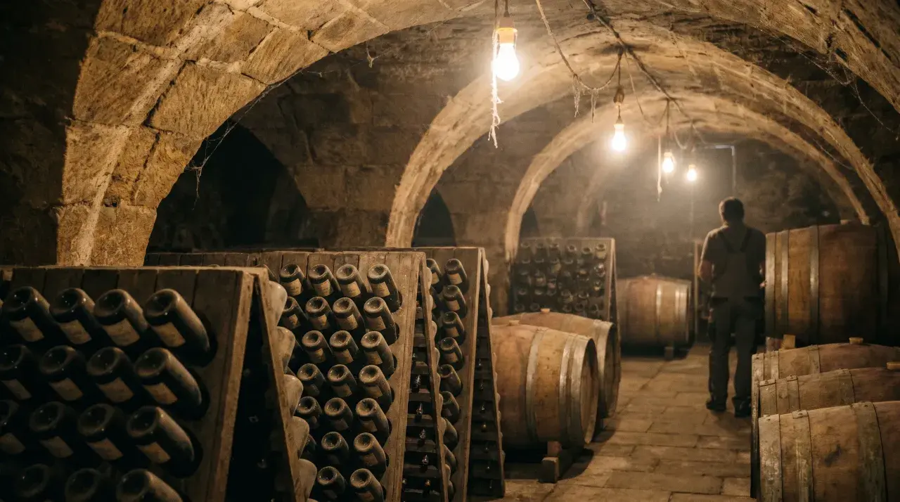 In einem alten Keller lagern Flaschen und Fässer. Ein Mann inspiziert die Reifung, die nach der **méthode champenoise** erfolgt.